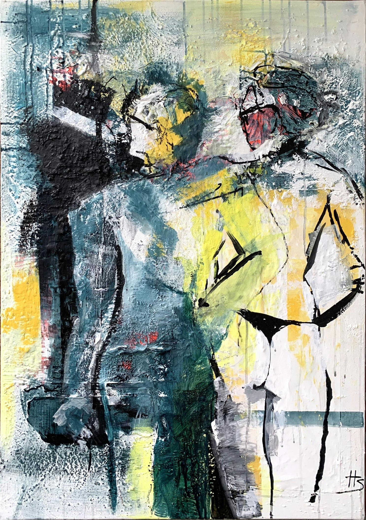 The artwork by Heike Schümann depicts two standing women from behind, looking in the same direction